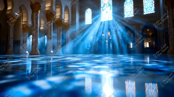 Image of a beautiful mosque interior featuring columns with golden accents and intricate designs. Sunlight streams through stained glass windows, illuminating the smooth floor and creating an atmosphere of serenity and grandeur.