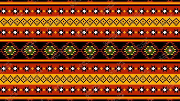 A colorful traditional geometric pattern featuring repeated shapes with horizontal stripes in red, orange, black, yellow, and green. Diamond shapes and triangles are prominently arranged, giving an impression of tribal or traditional heritage designs, possibly inspired by Najdi or traditional Arabic motifs.