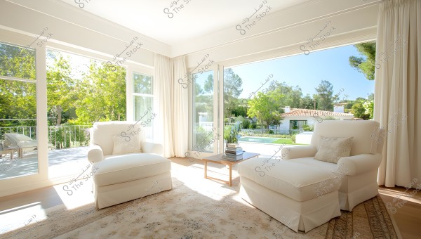 A bright living room featuring two comfortable white armchairs and a small table with a stack of books. A large window overlooks a green garden with shrubs and trees under a sunny blue sky.