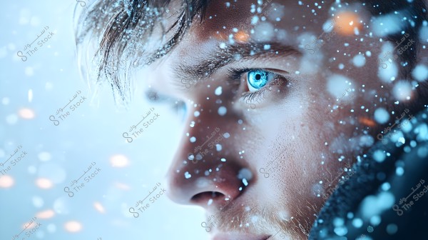 A close-up of a person\'s face with falling snowflakes around. The image prominently features the right eye with a bright blue hue, highlighting detailed skin and hair covering part of the face. White snowflakes are scattered throughout, giving a sense of cold and winter.