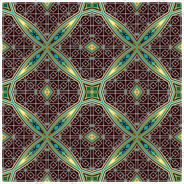 تصميم هندسي بنمط متماثل بألوان البني والأزرق والأخضر والذهبي يشبه الفن الإسلامي التقليدي.