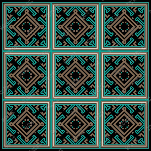 نمط هندسي مكرر مع مربعات وعناصر زخرفية باللونين الأزرق الفيروزي والبني على خلفية سوداء.