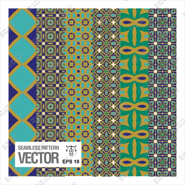 نماذج فنية متكررة بأشكال هندسية متعددة الألوان تتضمن اللون الأزرق والأخضر والذهبي على خلفيات متنوعة.