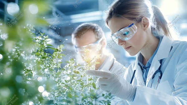 Two scientists wearing lab coats and protective goggles in a laboratory, studying green plants under lighting. A radiant light and detailed features of the plants are visible in the foreground. The woman is wearing a stethoscope and medical gloves, pointing towards the plants with focused attention.