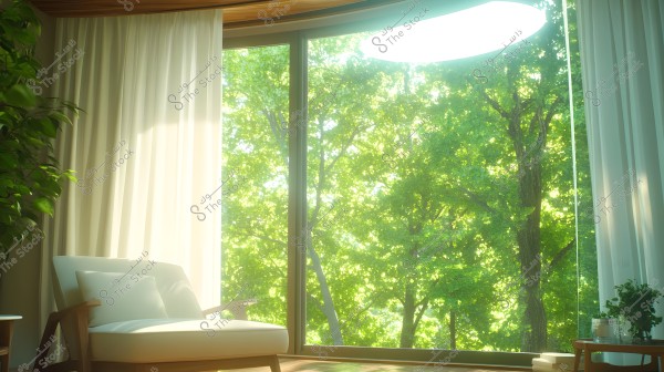 A serene living room featuring a white armchair with a cushion. The chair is placed next to a large floor-to-ceiling window that allows natural daylight to stream in and showcases a view of lush green trees. A sheer white curtain hangs beside the window, and a green plant sits in the corner of the room.