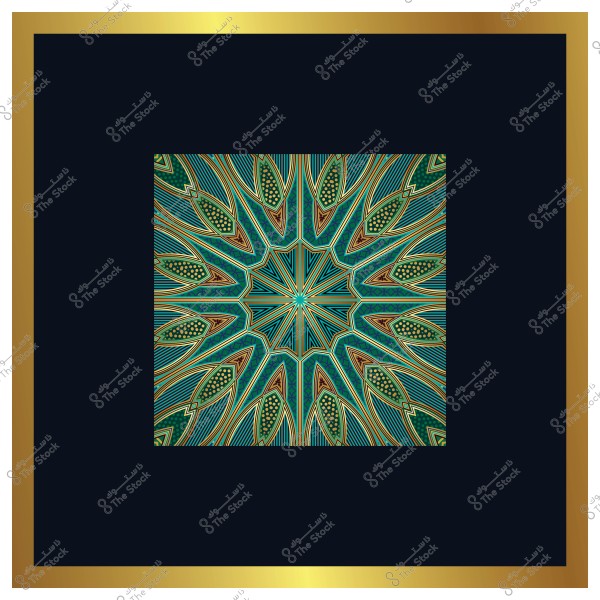 صورة نمط ماندالا هندسي بألوان زرقاء وخضراء مع تفاصيل دقيقة داخل إطار ذهبي.
