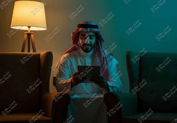 An image of a man sitting between two chairs, wearing a white thobe and a red shemagh with a black agal, indicative of traditional attire from Saudi Arabia. The man is holding a digital device in his hands and smiling while looking at it. Behind him is a lit lamp with a warm light.