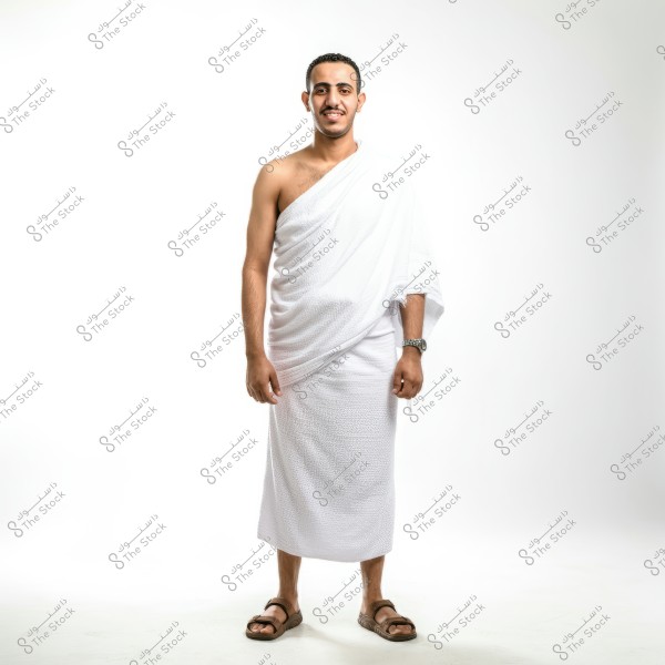 Image of a man wearing a full white Ihram, possibly in an indoor setting with a white background. The Ihram consists of two pieces of unstitched white fabric. The man is wearing brown sandals and a silver wristwatch.