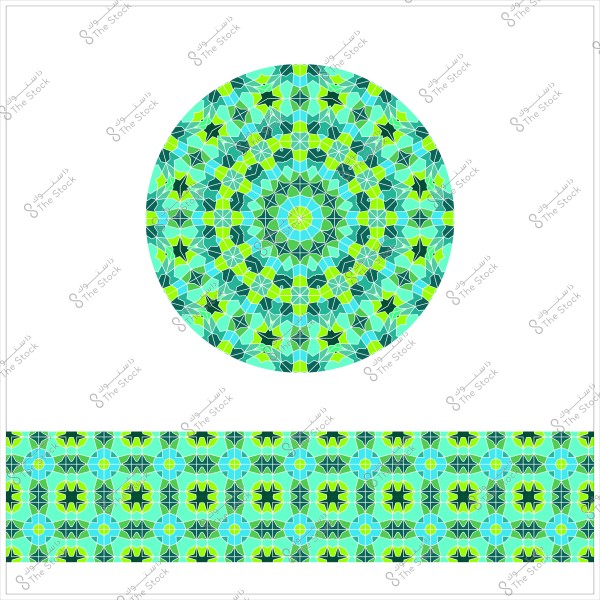 تصميم دائري وزخرفة مستطيلة بأسلوب الأرابيسك الإسلامي, تظهر أنماط هندسية بألوان الأزرق والأخضر مع تدرجات متنوعة وعناصر متناظرة.

-