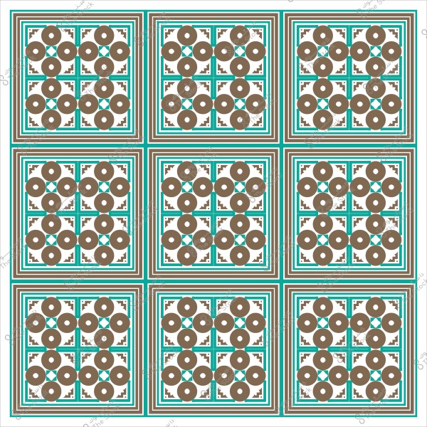 تصميم زخرفي إسلامي مكرر بأشكال هندسية وزهور بنية اللون داخل مربعات خضراء وزرقاء.