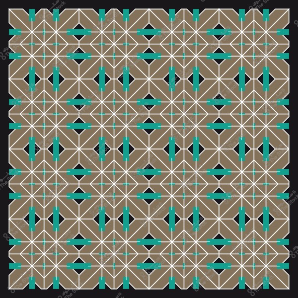 تصميم هندسي تقليدي بزخارف متناسقة بألوان البني والفيروزي على خلفية سوداء.