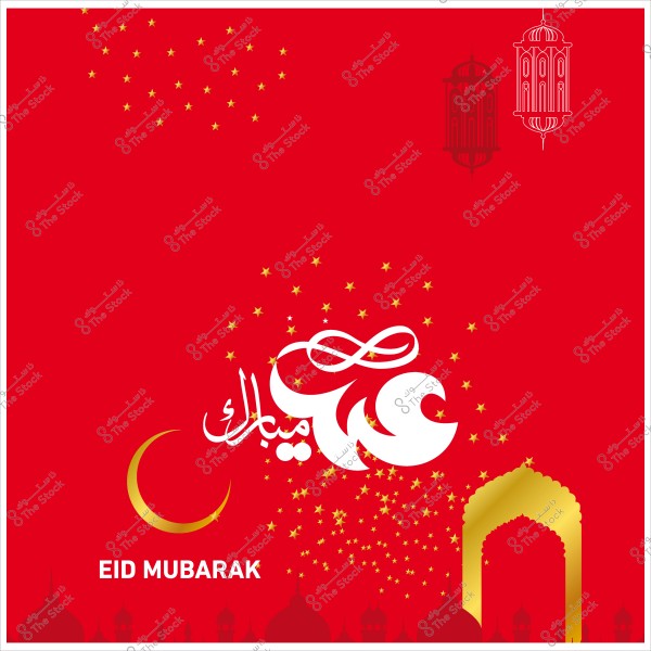 بطاقة معايدة حمراء بمناسبة عيد مبارك تحتوي على هلال ذهبي ونجوم مع قوس زخرفي.