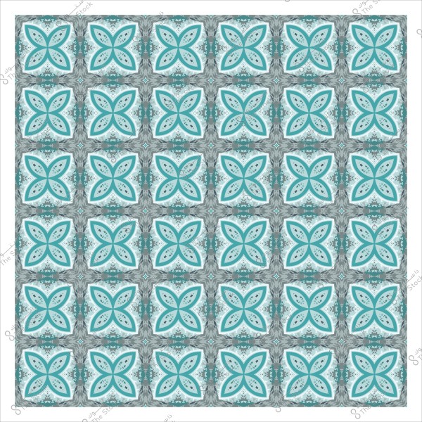 نمط هندسي متكرر بألوان زرقاء وخضراء على شكل زهرة تتكون من أربعة أشكال متداخلة, يظهر التصميم على خلفية رمادية.