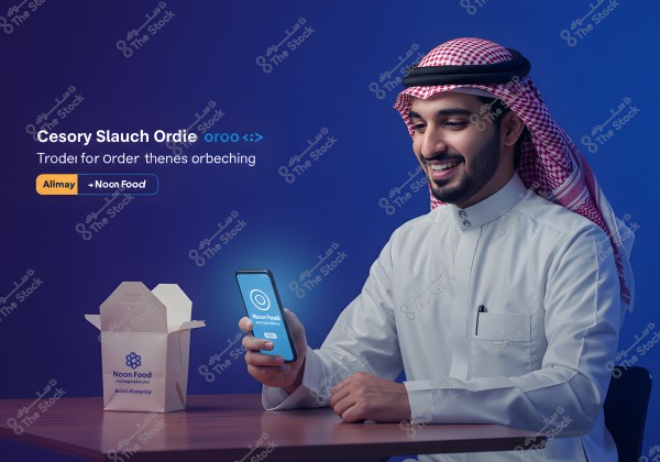 An image of a man wearing traditional Saudi attire, including a thobe and ghutra, sitting at a table and smiling while looking at a smartphone. The phone screen displays a \"Noon Food\" app. There is a food box on the table labeled \"Noon Food\". The background is blue with unreadable text in the upper left corner and a \"Alimay\" branding.