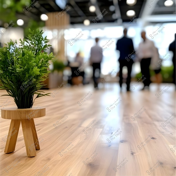 Image of an indoor scene featuring a shiny wooden floor with a small green plant on a tiny wooden stand in the foreground. In the background, blurred figures of people can be seen in an office or meeting space, with natural daylight streaming in through large windows.