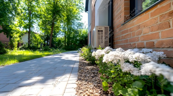 The image shows the side of a brick house, with a paved path on the left and a garden filled with white flowers in the foreground. An air conditioning unit is mounted on the house wall. Green trees shade the path in the background.