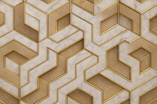A geometric pattern consisting of three-dimensional shapes in gold color with a white marble background. The interlocking shapes form a complex design with various gradients, giving it a luxurious and elegant appearance.