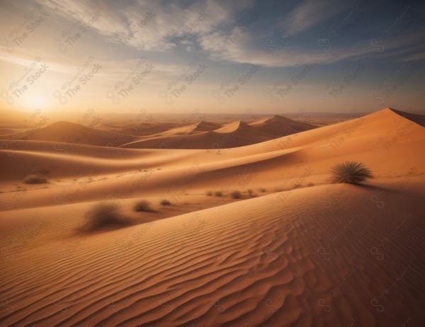 لقطة للكثبان الرملية الذهبية في الصحراء السعودية وتظهر السماء صافية  نهارًا ، الربع الخالي ، مناطق صحراوية، مصممة بواسطة الذكاء الاصطناعي.