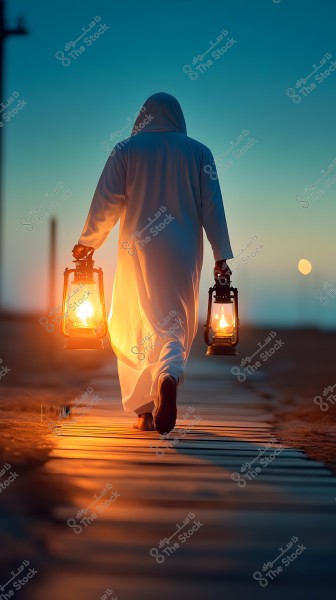 A person wearing a white robe walks along a wooden path in a desert setting at sunset, holding two lit lanterns. The sky displays gradients of blue and orange hues with a bright planet visible near the horizon.