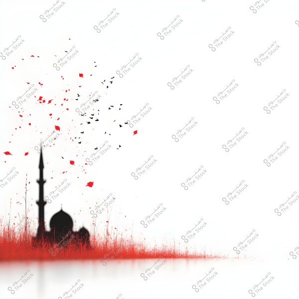 Artistic image of a mosque with a silhouette against a wide white sky. A flock of black birds and red leaves move upward, creating dynamic contrast with the background. The ground is covered with red grass, adding a vibrant touch to the image.