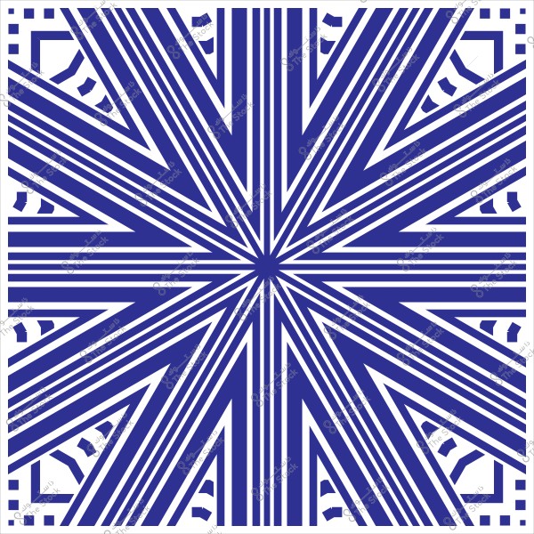 نمط زخرفي هندسي يتميز بخطوط شعاعية باللون الأزرق تتقاطع في مركز التصميم, وتشكل نمطًا يشبه النجمة. الزوايا تحتوي على تفاصيل زخرفية مستديرة باللون الأزرق.