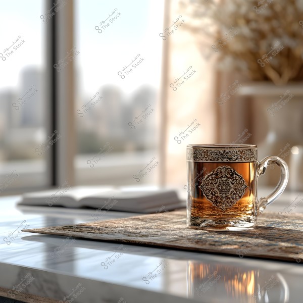 A glass tea cup with traditional ornate designs and golden patterns, placed on a marble table. In the background, a daylight-lit window reveals a blurred city skyline. An open book is slightly pushed to the back. The table is adorned with a small elegantly patterned rug.