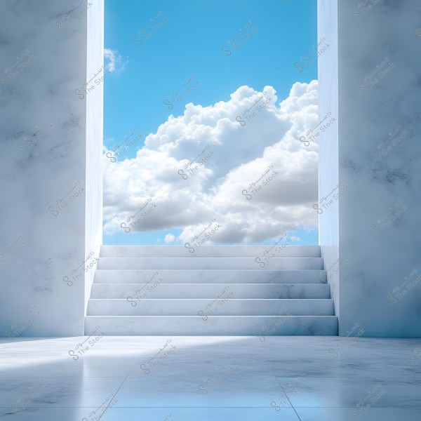 An image depicting a marble staircase leading up to a clear blue sky with fluffy white clouds. The surrounding walls are made of white marble, providing a pure and tranquil appearance to the scene. Natural light adds brightness to the space.