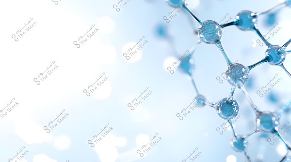 An image depicting a three-dimensional molecular structure composed of blue molecules connected by thin tubes. The background is blurred with a light blue color and has light string effects, giving a scientific and technological impression.