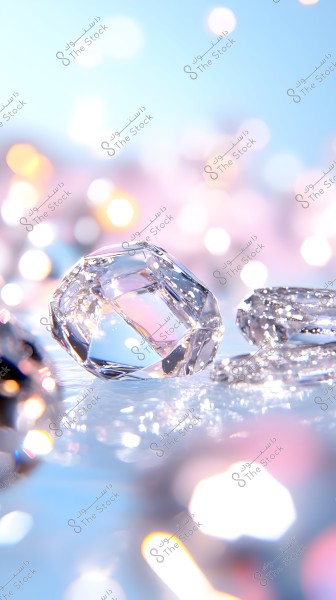 صورة لأحجار كريستالية براقة موضوعة على سطح لامع, تظهر في الخلفية أضواء بتأثير البوكيه بألوان متعددة من الأزرق والوردي. الإضاءة تساهم في إظهار الأحجار بشكل مميز ولامع.