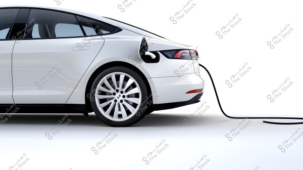 An image of a white electric car parked from the side and being charged via a cable connected at the rear. The sleek design of the car and its five-spoke alloy wheels are clearly visible.