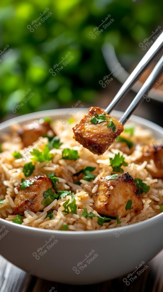 A bowl filled with grilled meat pieces on white rice garnished with green parsley. Chopsticks are used to pick up a piece of meat. The background is green and blurry.