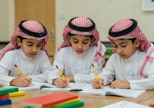 An image of three children sitting side by side at a desk in a classroom studying. The children are wearing traditional Saudi attire with white thobes, red and white checkered ghutras, and black agals. They are writing in multiple open notebooks in front of them on the table, with a stack of colorful books visible in the lower corner.