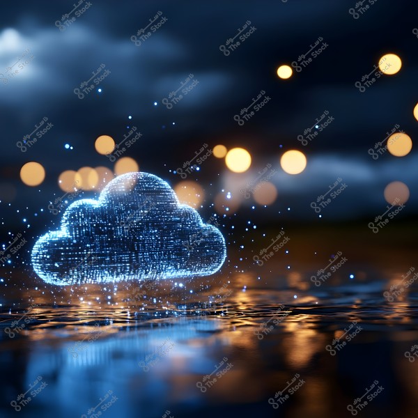 An image depicting a glowing digital blue cloud floating above a reflective surface, with a blurred background that shows sparkling lights and a calm nighttime atmosphere.