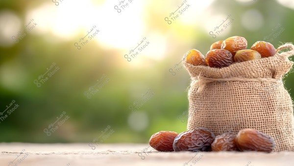 A burlap sack filled with brown dates resting on a wooden surface, with a few dates scattered in front of the sack. The background features a blurred natural scene with clear sunlight providing a warm ambiance.
