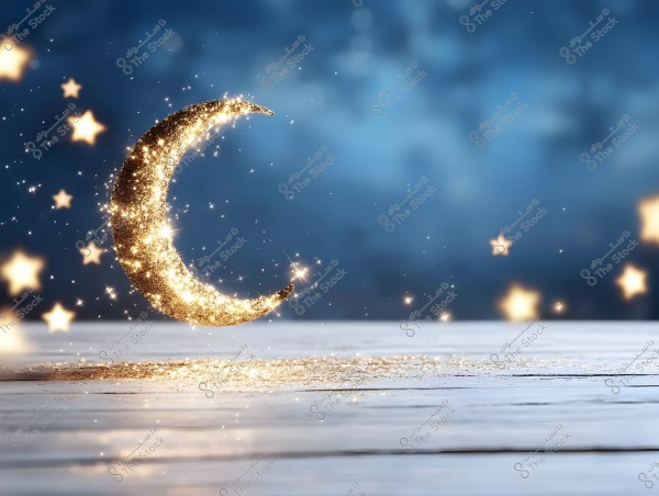 An image of a crescent moon glowing in gold with sparkling glitter, surrounded by small twinkling stars on a dark blue background. The scene resembles a poetic night set on a wooden surface.
