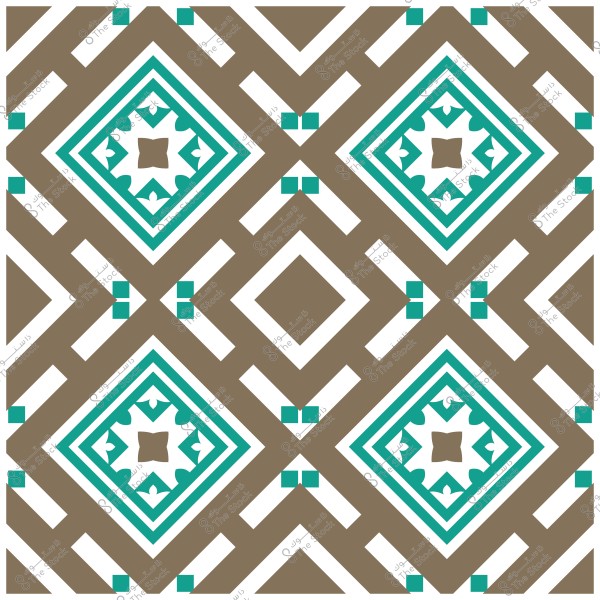 نمط هندسي يتكون من أشكال معينية وزخارف متقاطعة بألوان بيضاء, بنية, وخضراء.