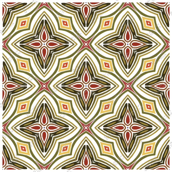 Geometric decorative pattern with red, brown, yellow, and white colors.