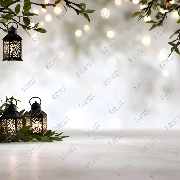 A serene scene showing two ornate metal lanterns illuminated on a marble surface with some surrounding green leaves. The lanterns emit a warm glow, and a tree branch with leaves hangs from above. In the background, faint lights appear like hanging lights, creating a tranquil and festive atmosphere.