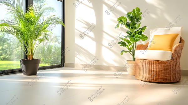 A bright room featuring a wicker chair with a yellow cushion, accompanied by two green plants. The large window allows sunlight to stream in, creating soft shadows on the floor and walls.