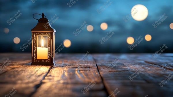 A glowing lantern placed on a wooden surface with a blurred background of a night sky and glowing light dots resembling distant lights. The atmosphere conveys a sense of calm and tranquility.