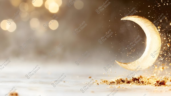 An image featuring a golden crescent moon placed on a reflective surface with sparkling gold glitter dispersed around it. The blurred background adds a magical and serene effect to the scene.