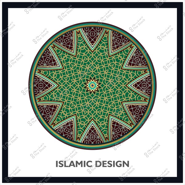 تصميم إسلامي دائري بزخارف هندسية خضراء وبنية.