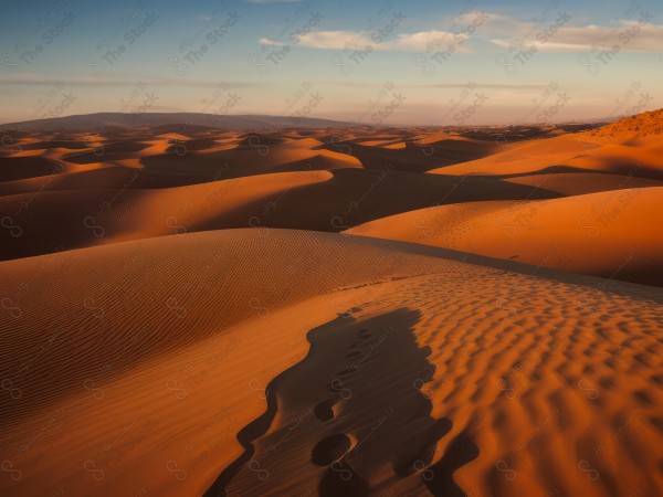 لقطة للكثبان الرملية الذهبية في الصحراء السعودية وتظهر السماء صافية  نهارًا ، الربع الخالي ، مناطق صحراوية، مصممة بواسطة الذكاء الاصطناعي