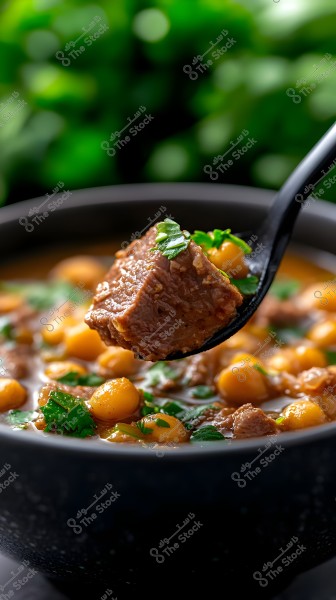 Image of a soup dish featuring chunks of meat and chickpeas with fresh green herbs. A piece of meat and chickpeas is elevated with a black spoon. The background has blurred shades of green, suggesting plants or natural decor.