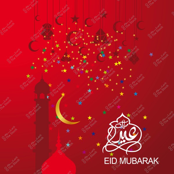 Eid greeting card design with a crescent moon and colorful stars on a red background and the phrase \"Eid Mubarak\" in Arabic and English.