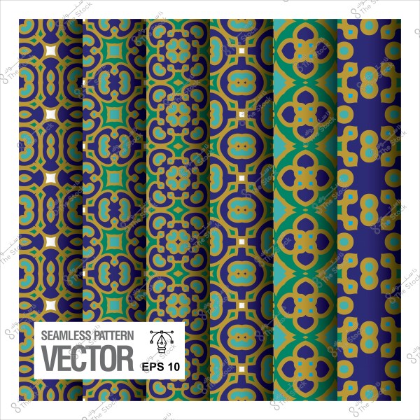 أنماط هندسية متكررة بألوان زاهية تتضمن الأزرق, الأخضر, والأصفر مع تفاصيل معقدة وتصميمات متناظرة. الصورة تعرض مجموعة من الأنماط المتلاصقة بشكل فني يجعلها تتناسب مع الخلفيات والزخارف.
-