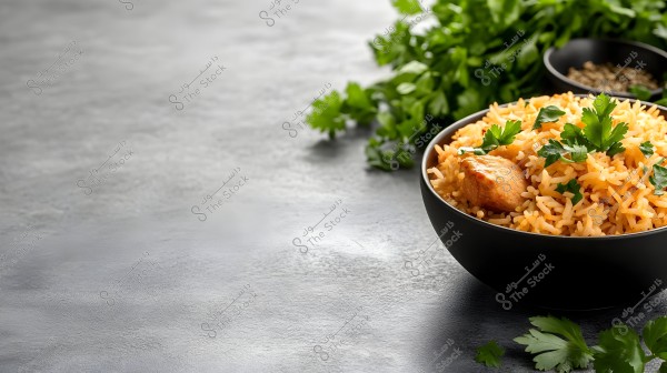 An image of a bowl of seasoned rice with pieces of chicken garnished with green parsley leaves, served in a large black bowl. In the background, there are some fresh parsley leaves and other blurred food ingredients.