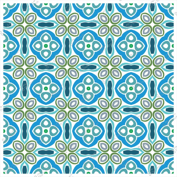 A repeating geometric pattern with blue and green colors featuring floral shapes and oval squares.