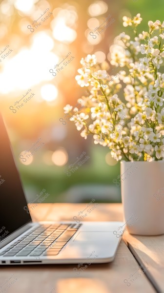 The image shows an open laptop placed on a wooden table, next to a vase containing small white flowers. The background features green hues and golden light, creating a serene and pure atmosphere in the scene.