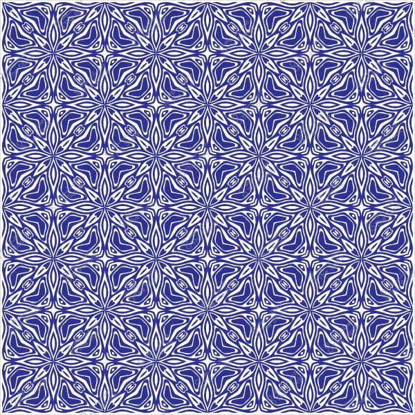 نمط هندسي متماثل بزهور زرقاء على خلفية بيضاء.